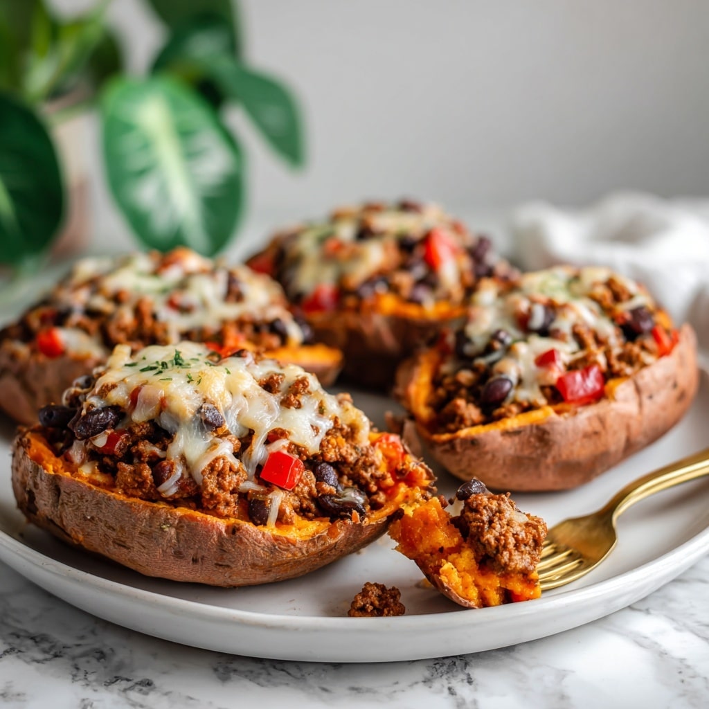Two baked sweet potatoes are placed on a white plate sitting on a white marbled surface. Each sweet potato is split open and filled with a layered mixture of cooked ground meat, black beans, and small pieces of red bell pepper, all topped with melted cheese. The bright orange flesh of the sweet potatoes contrasts with the darker filling. A gold fork with a bite of the filling is resting on the plate in front of them. The background is softly blurred with a green plant on the left side. photo taken with an iphone --ar 4:5 --v 7