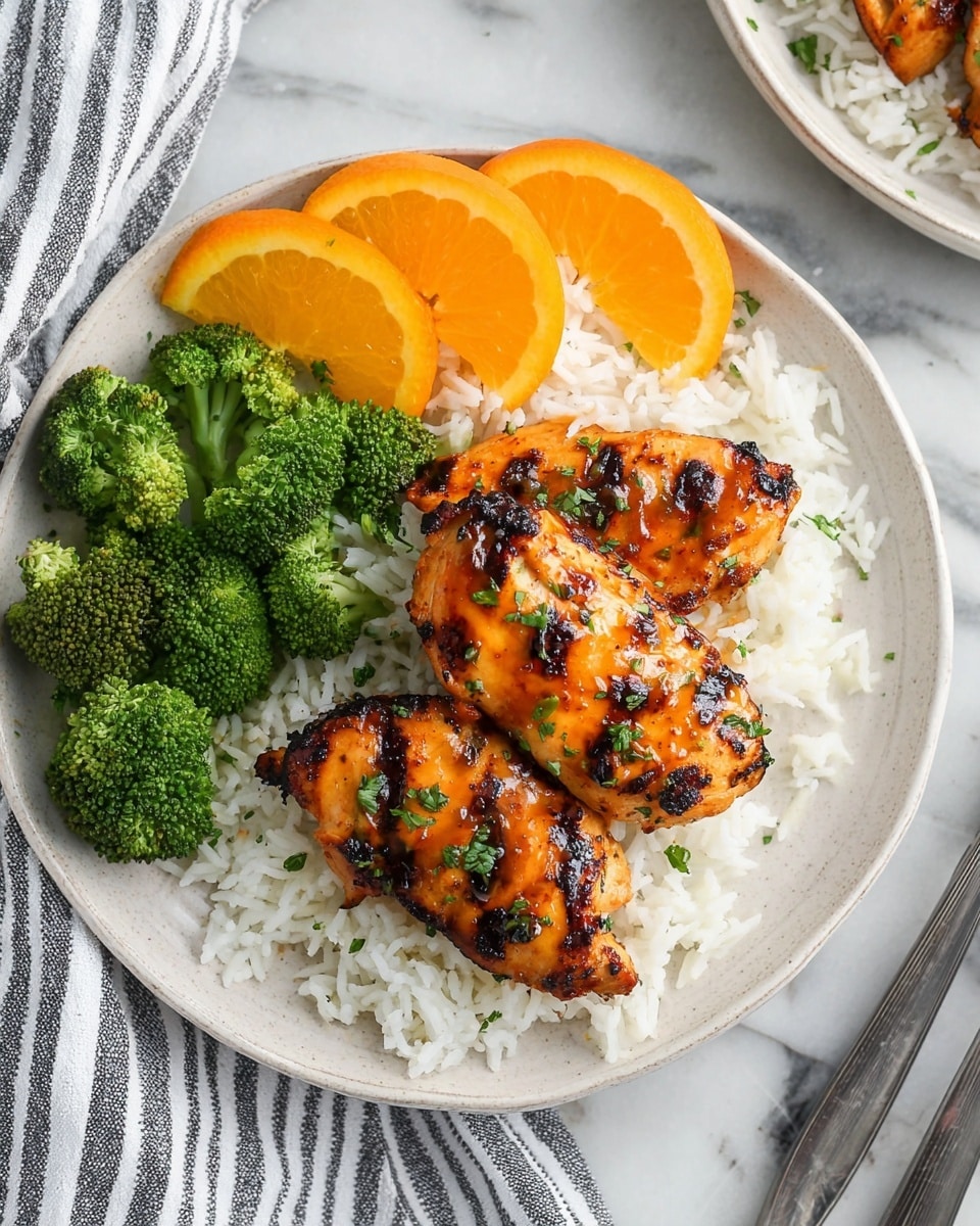 On a white plate with a subtle textured surface, there is a base layer of fluffy white rice spread evenly across the plate. On top of the rice, there are two grilled chicken pieces with dark grill marks and a shiny orange glaze, sprinkled with small green herbs. To the left of the chicken, a small bunch of bright green steamed broccoli florets adds a fresh look. At the top left edge of the plate, there are three thin slices of vibrant orange placed partially on the rice, adding a pop of color. The plate sits on a white marbled surface near a striped gray and white cloth, with part of a shiny fork and knife just visible at the right edge. photo taken with an iphone --ar 4:5 --v 7