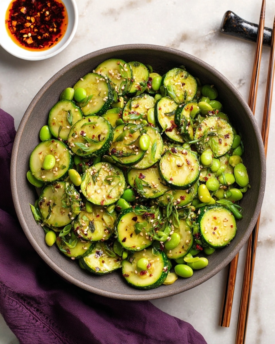 A close-up of a silver fork holding a stack of three layers: at the bottom is a green cucumber slice with a moist, slightly glossy texture; on top are bright green edamame beans and leafy green herbs with a fresh, slightly wilted look; the items are sprinkled with small specks of red chili flakes, black and white sesame seeds, and tiny black seeds, adding texture and color contrast. In the background, a white bowl filled with more cucumber slices and edamame beans is visible, sitting on a white marbled surface. A woman's hand is holding the fork from the bottom right corner. photo taken with an iphone --ar 4:5 --v 7