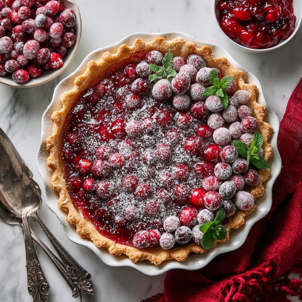 A cranberry pie with a golden, crimped crust holds a deep red, glossy cranberry filling that covers the entire surface evenly. The filling is sprinkled with powdered sugar for a light dusting effect. On one side of the pie, a row of sugared cranberries and fresh red cranberries is arranged with small green mint leaves, adding color contrast and texture. The pie sits in a white ceramic dish with wavy edges, placed on a white marbled surface. Surrounding the pie are a red cloth napkin, a bowl filled with cranberries, two ornate silver pie servers, and a small white bowl with cranberry sauce. Photo taken with an iphone --ar 4:5 --v 7