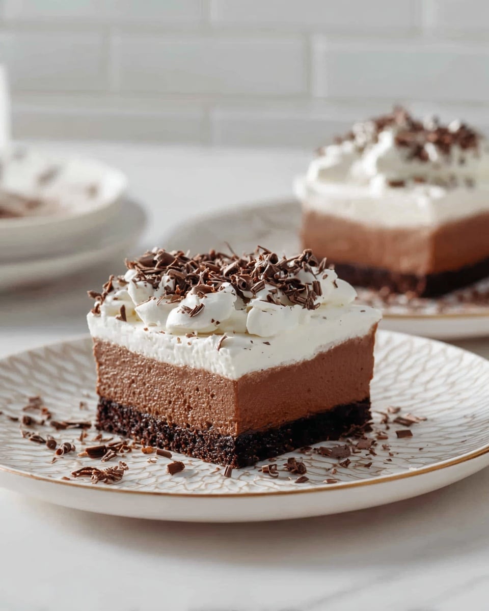 Two small square chocolate mousse cakes are placed on patterned white plates on a white marbled surface. Each cake has three layers: a dark chocolate base layer at the bottom, a thick middle layer of smooth milk chocolate mousse, and a thick top layer of white whipped cream. The whipped cream is decorated with dark chocolate shavings scattered on top and around the cakes. The background is softly blurred white tiled wall. photo taken with an iphone --ar 4:5 --v 7