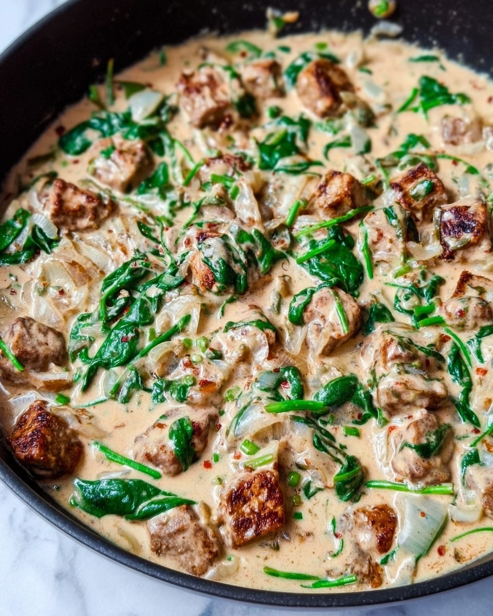 A white shallow bowl holds a bed of light brown cooked rice as the first layer, topped with a creamy sauce mixed with cooked brown chicken pieces and wilted green spinach leaves, all speckled with black pepper and bits of sautéed translucent onions and green peppers. The chicken pieces are browned and textured, covered in the thick sauce that spreads over the rice beneath. The dish rests on a white marbled surface. photo taken with an iphone --ar 4:5 --v 7
