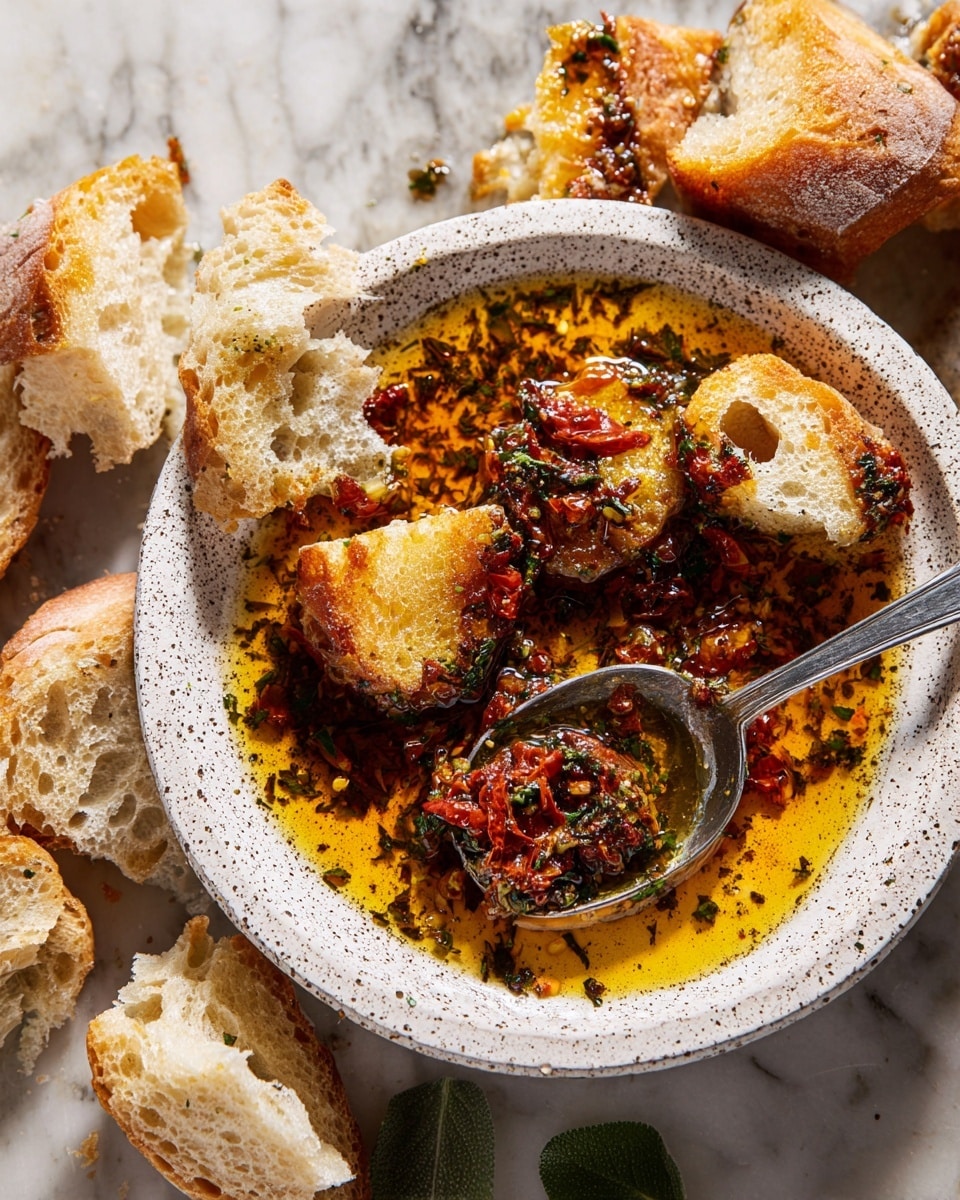 A white speckled plate holds a shallow pool of rich, golden-orange oil mixed with finely chopped herbs and small pieces of sun-dried tomatoes. Floating on top are several chunks of crusty bread with a toasted, golden-brown surface, some soaked in the oily mixture, showing a soft, porous inside. A silver spoon rests in the plate, filled with the same herb and tomato oil mixture and a piece of soaked bread. Around the plate, more torn pieces of crusty bread are scattered on a white marbled surface, adding texture to the scene. photo taken with an iphone --ar 4:5 --v 7