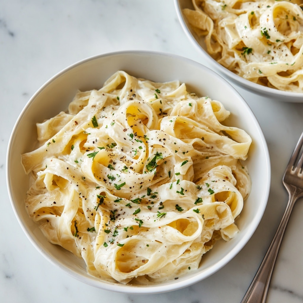 Two white bowls filled with creamy pasta sit on white marbled texture background. Each bowl has smooth, long, flat noodles coated in a light, creamy sauce, mixed with bright green peas scattered throughout. The pasta layers are soft and slightly shiny, topped with a sprinkle of grated cheese and a few fresh parsley leaves adding a touch of green. One bowl is set on a white plate with a teal rim, and a gold fork rests inside the bowl, with a beige napkin folded beside it. The overall look is clean, fresh, and inviting. Photo taken with an iphone --ar 4:5 --v 7