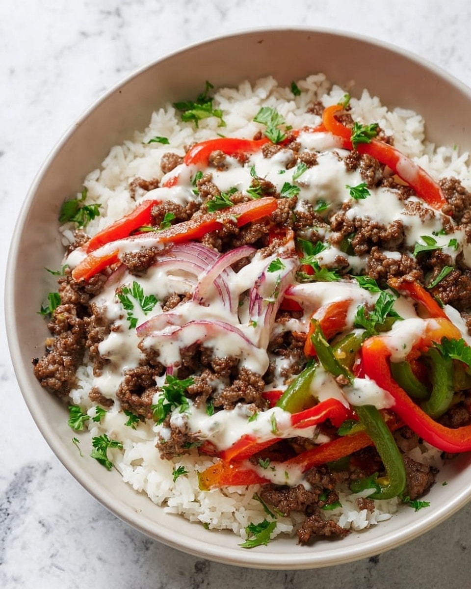 The dish is served in a white bowl placed on a white marbled surface. At the base is a layer of fluffy white rice. On top of the rice, there is a generous layer of cooked ground beef scattered unevenly. Mixed sautéed vegetables, mainly red and green bell pepper strips along with browned onion slices, are spread on one side of the bowl, adding bright red, green, and golden-brown colors. A creamy white sauce is drizzled over the ground beef, slightly pooling in some spots. Fresh green parsley leaves are sprinkled on top as garnish, adding a fresh touch. A folded striped cloth is placed beside the bowl, with some green herb sprigs nearby. photo taken with an iphone --ar 4:5 --v 7