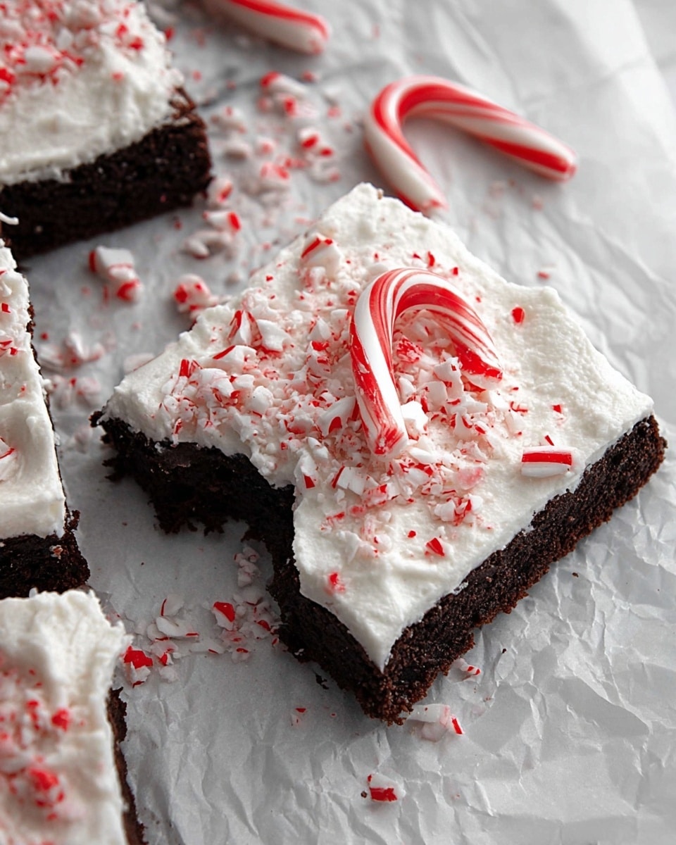 A square chocolate cake with one visible dark brown layer acts as the base, topped with a thick, creamy white frosting spread evenly but with a textured, swirled surface. Scattered generously on the frosting are small, crushed pieces of red and white peppermint candy, giving a festive look. The cake sits on crumpled white parchment paper on a white marbled surface. Nearby to the top left is a small white bowl filled with more crushed peppermint pieces, and a silver metal spatula lies to the top right. A green spatula with a wooden handle rests on a red cloth at the bottom left, and a whole red and white candy cane is placed on the parchment paper near the bottom right. Photo taken with an iphone --ar 4:5 --v 7