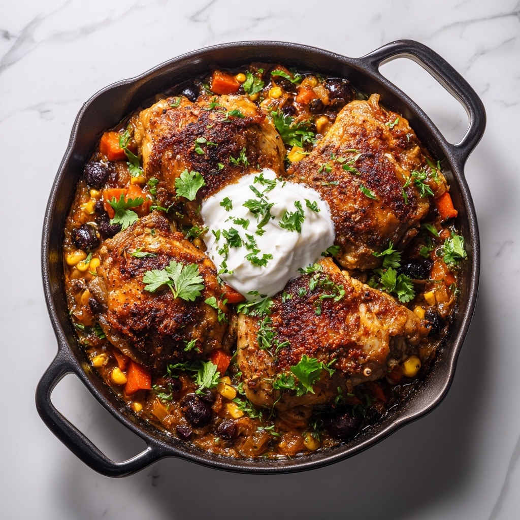 A dark blue cast iron skillet filled with four unevenly browned chicken thighs, each with a crispy, textured skin and a dusting of green herbs on top. The chicken sits in a chunky tomato-based sauce that includes visible pieces of tomato, onions, and fresh herbs, with a glossy, slightly oily surface. The skillet rests on a round wooden board, all placed on a white marbled texture surface. A silver spoon is partially inside the skillet on the right side. A green herb sprig is located on the surface near the skillet. Photo taken with an iphone --ar 4:5 --v 7