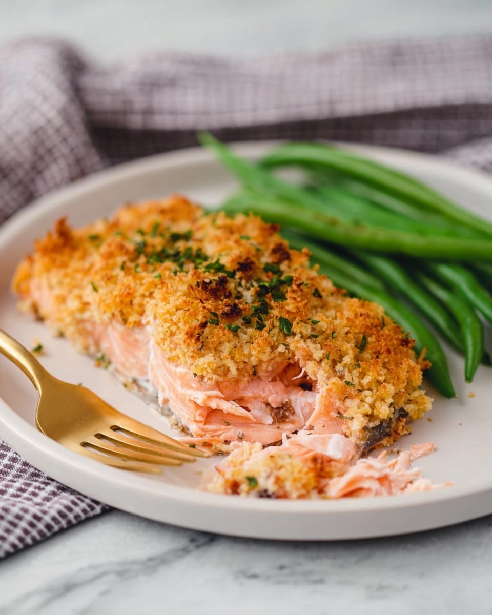 Four salmon fillets lie on a baking tray lined with crinkled parchment paper. Each fillet has a thick, golden-brown crust layer on top made of crispy breadcrumbs and small green herb bits scattered across. The salmon beneath shows a soft, pale pink color with a slight shine. There are tiny browned bits of crumbs around the fillets on the paper. In the background, there is a small white bowl with a light creamy sauce, all set on a white marbled surface. Photo taken with an iphone --ar 4:5 --v 7