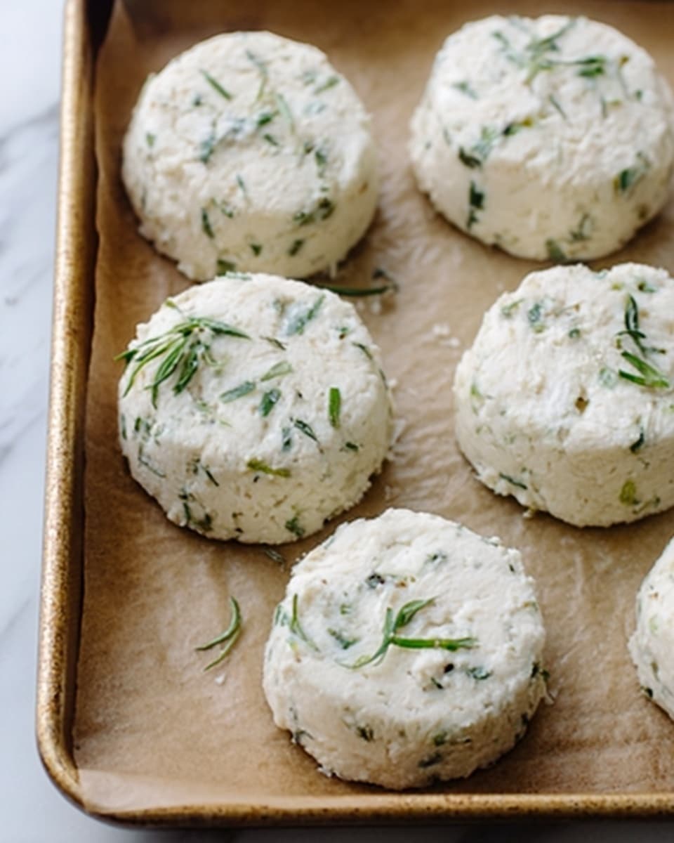 The image shows a close-up of round, golden-brown biscuits on a baking tray lined with brown parchment paper, with a white marbled texture beneath the tray. Each biscuit has a rough, slightly cracked surface with bits of green herbs and small white cheese crumbs scattered on top. The biscuits look fluffy and have a layered texture, with visible air pockets inside. In the bottom right corner, a small sprig of green rosemary lies beside the tray. The photo taken with an iphone --ar 4:5 --v 7