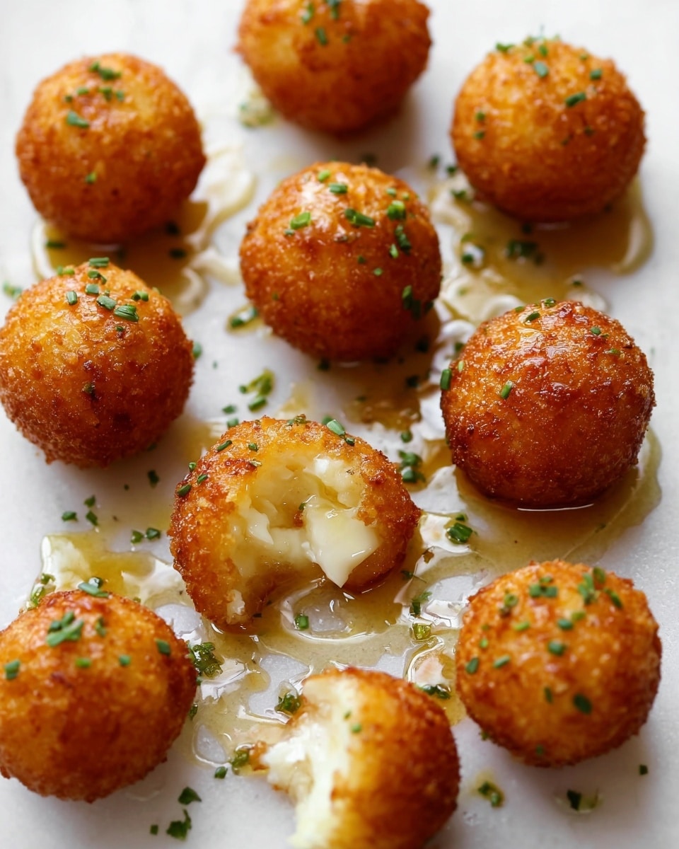 The image shows a white plate with about twenty round, golden-brown fried balls, each with a crispy texture and sprinkled with small green chives. The balls are evenly spaced across the plate. To the right side of the plate, there is a wooden honey dipper resting on a small pool of honey that glistens with light. Small drops of honey and chives are scattered around the balls. The plate is set on a white marbled surface. photo taken with an iphone --ar 4:5 --v 7