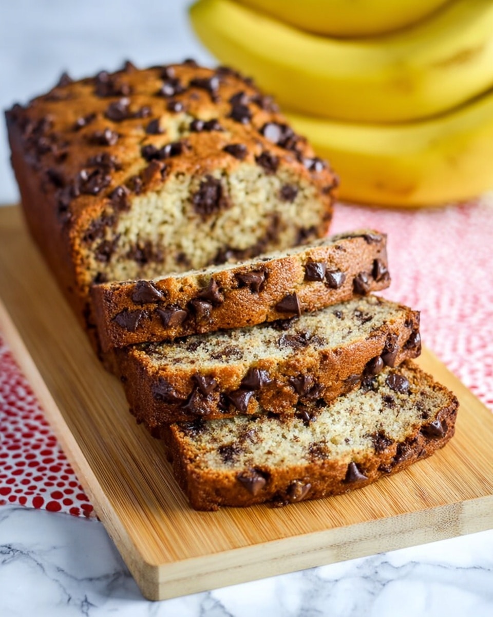 Two thick slices of golden brown chocolate chip banana bread are placed on a small white plate, which rests on a red and white polka dot cloth. The bread's texture is moist and crumbly, with dark chocolate chunks scattered throughout, melting slightly into the soft crumb. In the background, more slices of the bread sit on a wooden cutting board alongside a ripe banana, all set on a white marbled surface. The warm tones and inviting texture make the bread look homemade and delicious. photo taken with an iphone --ar 4:5 --v 7