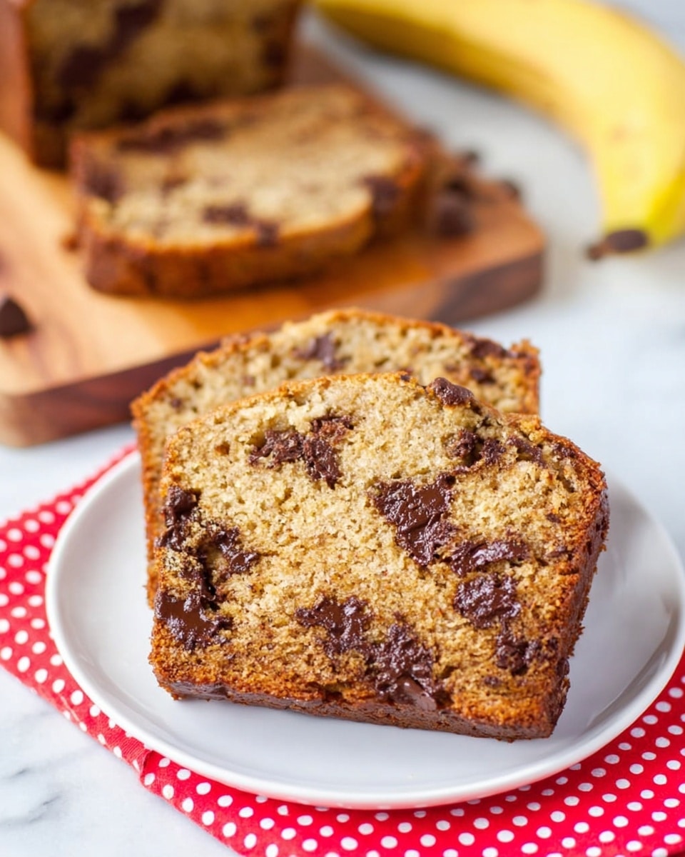 The image shows three slices of chocolate chip banana bread placed in front of the remaining loaf on a light wooden board. The bread has a soft, moist texture with a light brown inside, studded evenly with small dark chocolate chips. The top of the loaf has a slightly rough, golden-brown crust with more chocolate chips visible on the surface. The board rests on a white marbled surface with a small part of a red and white polka dot cloth peeking out from under it. A bunch of ripe yellow bananas is blurry in the background. photo taken with an iphone --ar 4:5 --v 7