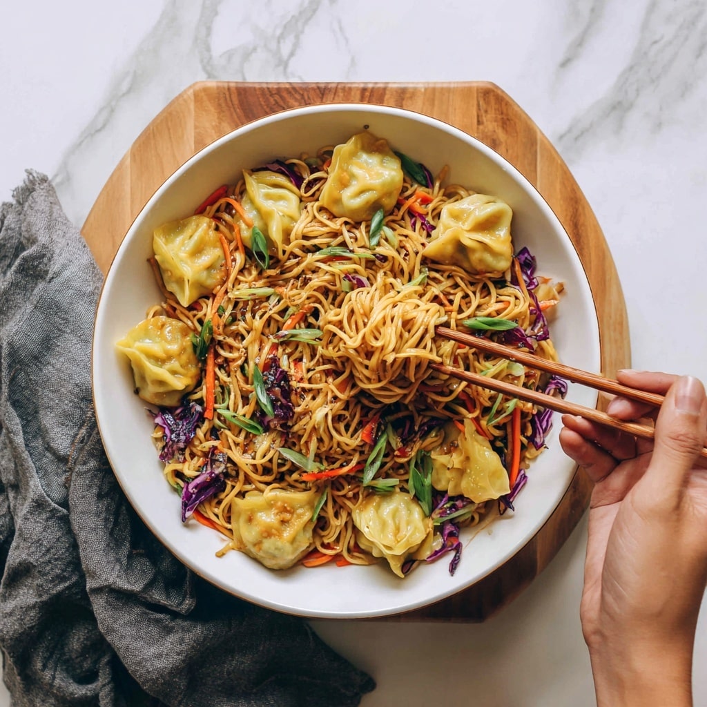 The image shows a white bowl filled with stir-fried noodles that have a shiny, slightly oily texture. The noodles are golden brown and mixed with thin slices of green onions, shredded carrots, and pieces of purple cabbage, creating a vibrant mix of orange, green, and purple colors. A woman's hand using wooden chopsticks is lifting some noodles, showing the long, smooth strands. The bowl sits on a light wooden board with a gray cloth in the background, all on a white marbled surface. photo taken with an iphone --ar 4:5 --v 7
