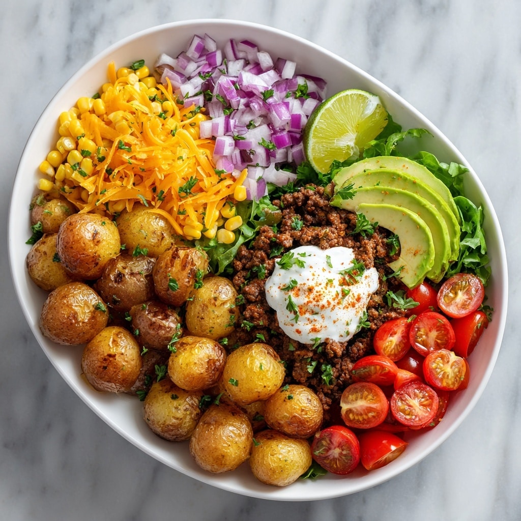 A white bowl holds a colorful layered dish with four main sections arranged side by side. Starting from the top right, there is a bright green layer of fresh chopped lettuce with a crisp texture. To its left, a heap of dark brown cooked ground meat with small onion pieces sits in the center. Next to that is a colorful fresh salsa made of small diced red tomatoes, white onions, and green peppers. At the bottom left, there are golden-brown diced potatoes, crispy and slightly seasoned. On the far right side near the lettuce and meat, there are two dollops – one of creamy green guacamole and one of smooth white sour cream. The bowl is placed on a white marbled surface with soft natural light. photo taken with an iphone --ar 4:5 --v 7