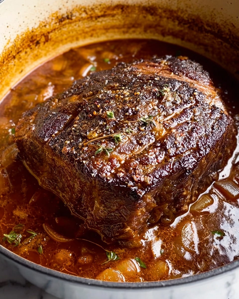 The dish shows a deep bowl with a base layer of creamy, white mashed potatoes with a smooth texture, topped with a large piece of dark brown braised beef that looks tender and juicy. On top of the beef are glossy caramelized onions and small, wrinkled sun-dried tomatoes, garnished with a sprig of fresh green rosemary. To the side, there are three round, golden baby potatoes with a slightly shiny, roasted surface. Another sprig of rosemary lies next to the potatoes inside the bowl. The bowl sits on a white marbled surface. photo taken with an iphone --ar 4:5 --v 7
