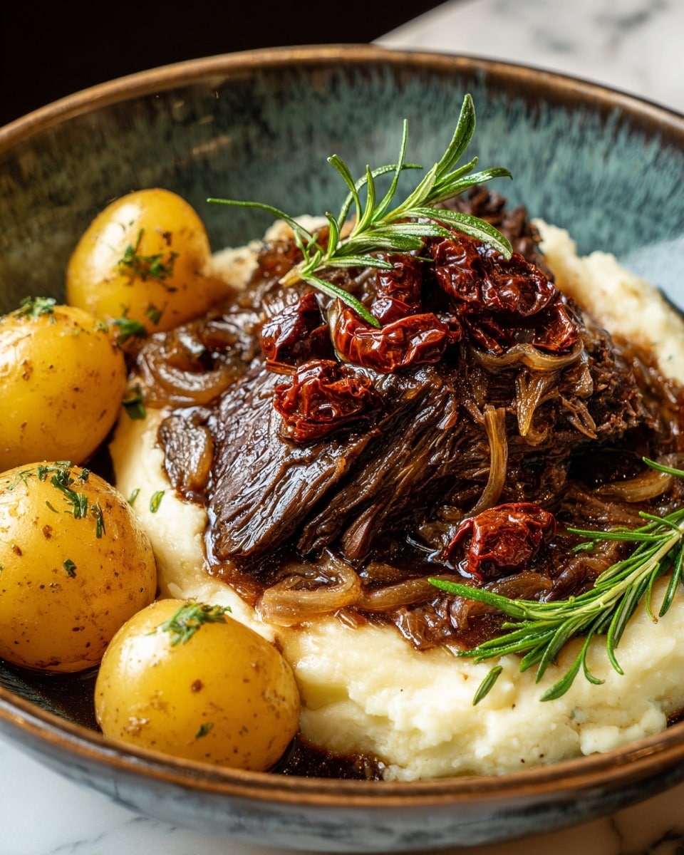 A close-up view of a thick, dark brown beef roast cooking in a pot filled with a rich, glossy brown sauce. The roast has a crispy, seared outer layer with visible seasoning and slight charring. The sauce surrounds the meat and contains small pieces of soft vegetables like onions and herbs, creating a textured look. The pot's inner edge is visible, showing caramelized bits and sauce buildup on its light surface. The scene is set against a white marbled texture. photo taken with an iphone --ar 4:5 --v 7