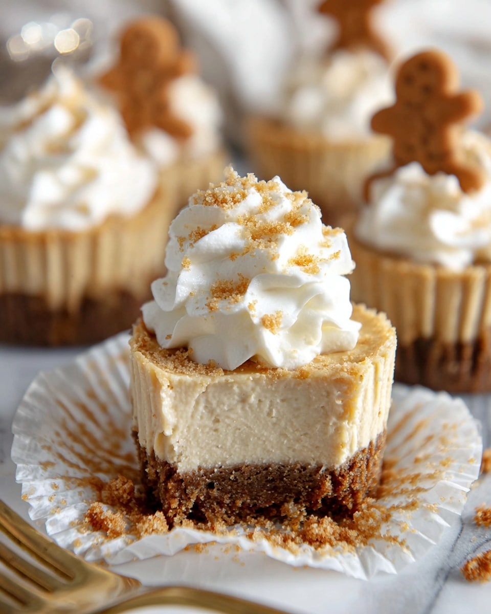 A close-up of a mini cheesecake with three clear layers: a crumbly dark brown base, a smooth light beige middle cheesecake layer, and a fluffy white whipped cream top sprinkled with light brown crumbs. The cheesecake is in a white crinkled paper liner that is partially unwrapped with crumbs around it. In the background, more mini cheesecakes topped with white whipped cream and gingerbread cookie figures can be seen, with a white marbled surface underneath and a golden fork nearby. Photo taken with an iphone --ar 4:5 --v 7