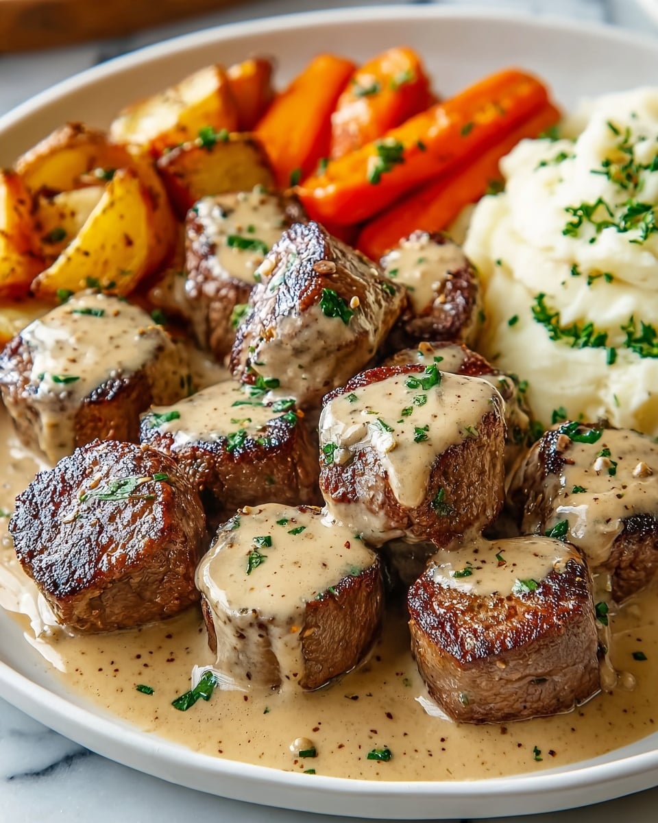 On a white plate, there are about twelve thick, square pieces of steak with a brown, crispy outside and tender inner pink visible on some pieces. They are arranged in a rough circle and rest on a layer of creamy, light beige sauce that pools flat on the plate. Small green parsley leaves are sprinkled on top of the steak and sauce. On the upper right side of the plate, a small pile of vibrant green beans is placed neatly. The plate sits on a light gray cloth on a white marbled surface. Photo taken with an iphone --ar 4:5 --v 7