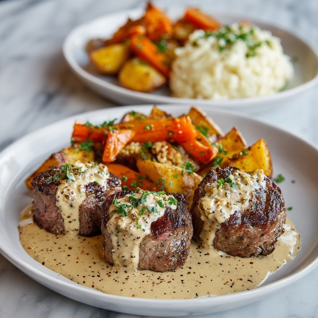 A white plate shows about twelve small grilled beef medallions with a browned, slightly charred outer layer, each topped with a creamy light tan sauce speckled with black pepper and small green parsley pieces. The beef sits in a pool of the same sauce that has a smooth, rich texture. Behind the beef are golden roasted potato wedges and bright orange roasted carrot pieces with a glazed finish. In the back right corner, there is a mound of creamy white mashed potatoes topped with green herbs. The plate is set on a white marbled surface. photo taken with an iphone --ar 4:5 --v 7