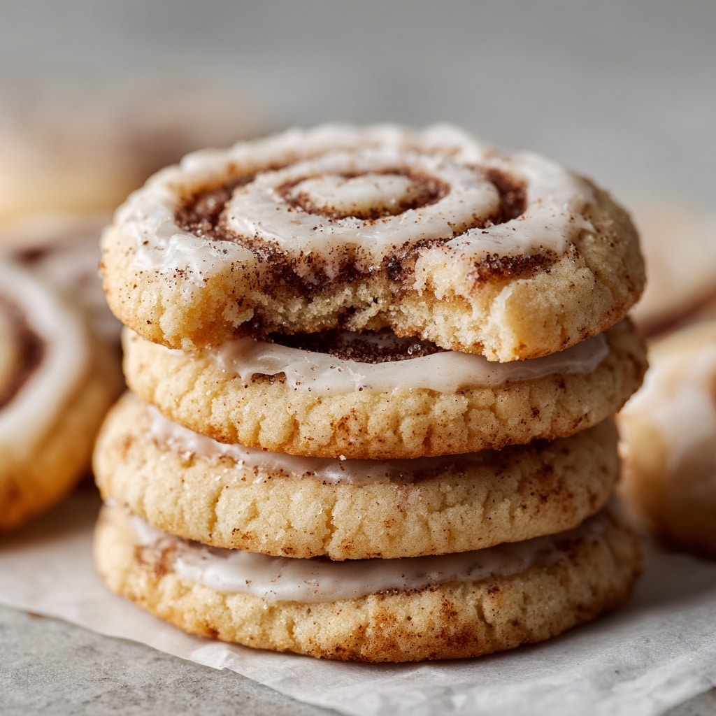 A stack of four thick, soft cinnamon swirl cookies is shown in close-up on a piece of parchment paper over a white marbled surface. Each cookie has light golden-brown dough with visible dark brown cinnamon swirls inside, creating a textured layered look. The top cookie is cut in half, displaying its soft and slightly crumbly interior with cinnamon layers. A thin layer of white icing lightly dusted with cinnamon covers the top of the stack. The background has other blurred cookies on the same parchment paper. photo taken with an iphone --ar 4:5 --v 7