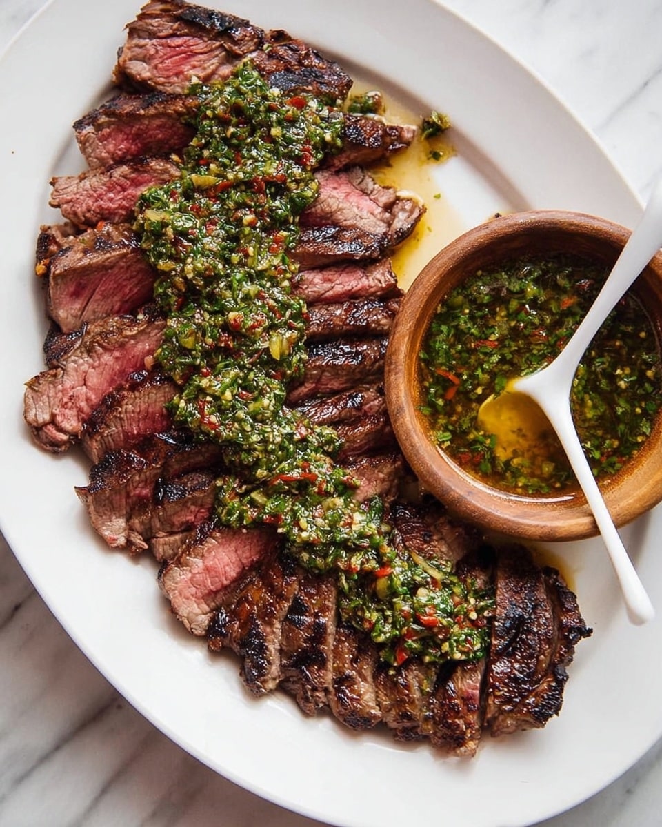 A close-up view of several slices of medium-rare steak arranged on a white marbled surface, each slice showing a pink center with a seared brown outer edge. On top of the steak, a spoon is pouring a sauce made of finely chopped green herbs, small red chili pieces, and olive oil, giving a glossy texture that contrasts with the meat's juicy look. The focus is sharp on the sauce and steak, capturing the moistness and fresh ingredients. Photo taken with an iphone --ar 4:5 --v 7