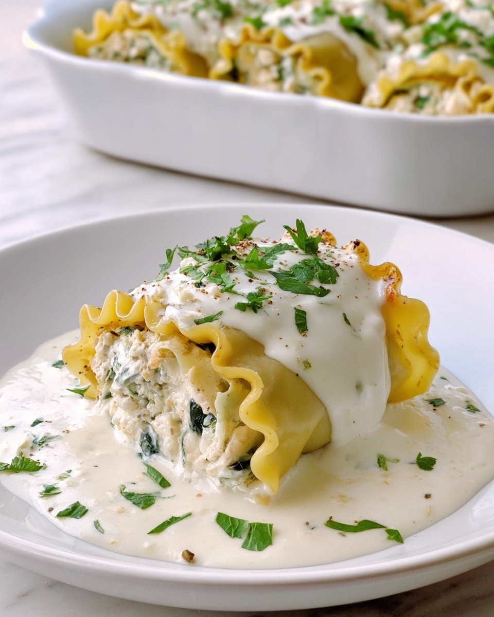 There is a white baking dish filled with eight large ravioli pieces arranged in two rows. Each ravioli is covered with a creamy white sauce and sprinkled with small green herb leaves and some grated white cheese. The edges of the ravioli have a slightly curled pattern, and the sauce looks smooth and shiny. The dish rests on a white marbled surface. Photo taken with an iphone --ar 4:5 --v 7