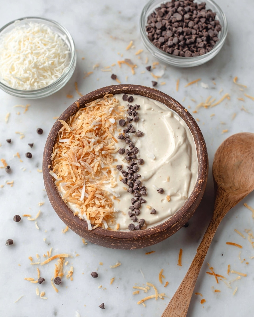A white coconut bowl filled with a smooth, creamy off-white ice cream-like mixture that takes up about half of the bowl, placed on the right side with a wooden spoon scooping some of it. The left side of the bowl is layered with a row of small, dark brown chocolate chips in the middle, flanked by toasted light brown coconut flakes on the far left. In the background, on a white marbled surface, there are two transparent jars visible, one filled with toasted coconut flakes and the other with chocolate chips. Photo taken with an iphone --ar 4:5 --v 7