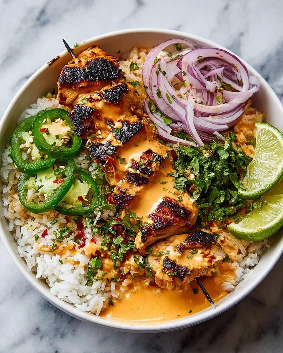 A white bowl filled with a base layer of fluffy white rice sprinkled with fresh green chopped herbs. On top of the rice sits a skewer of grilled, dark brown, slightly charred chicken pieces, arranged horizontally across the bowl. The chicken is covered with a creamy light orange sauce that has small red chili flakes and green herb bits scattered on it. On the side of the bowl are two bright green lime wedges. A wooden spoon is shown above, drizzling extra sauce onto the chicken, and the bowl is set against a white marbled textured surface. Photo taken with an iphone --ar 4:5 --v 7