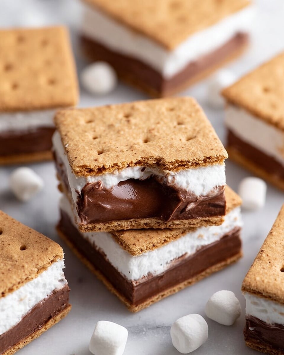 The image shows a close-up of multiple s'mores squares arranged on a white marbled surface. Each square has three clear layers: the top and bottom layers are light brown graham crackers with small holes, slightly rough in texture, while the middle section is made up of a thick, creamy white marshmallow layer sitting above a dense, rich chocolate layer. One square on top has a bite taken out of it, revealing the smooth texture of the chocolate and marshmallow inside. The overall composition looks soft and gooey, with some small white marshmallows scattered around. Photo taken with an iphone --ar 4:5 --v 7
