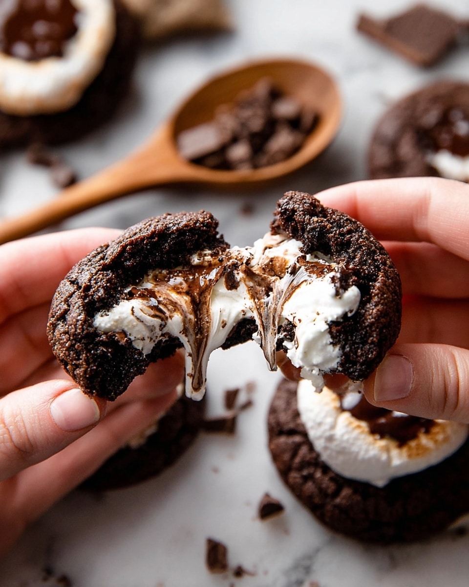 A green plate filled with about 12 round chocolate cookies with a large white marshmallow layer on top, each marshmallow sprinkled with a bit of cocoa powder, the dark brown cookies have a rough texture with cracks, and the white marshmallows are soft and puffy, the plate is set on a red cloth on a white marbled surface, around the plate a few scattered marshmallows with bits of cocoa powder and chocolate chips, in the background there is a white cup of hot chocolate topped with many small white marshmallows on a white saucer, soft pine branches and a red ribbon are blurred out in the background, photo taken with an iphone --ar 4:5 --v 7
