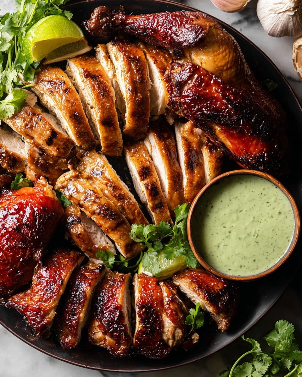 A black plate holds a well-cooked chicken piece with golden brown, slightly charred skin. The chicken is cut into several thick slices, showing juicy, light beige meat inside. A creamy green sauce with visible green herb specks is spread generously on some slices and the whole piece. Next to the chicken, a small round bowl holds more of the same sauce, topped with a few fresh green leaves. The plate sits on a wooden table with some red chili and lime pieces nearby, all set against a white marbled texture. photo taken with an iphone --ar 4:5 --v 7