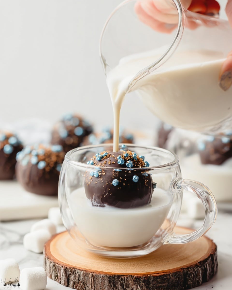A clear glass cup sits on a round wooden coaster against a white marbled surface. Inside the cup lies a single dark chocolate sphere decorated with small blue and gold candy beads and topped with a sprinkle of coarse orange sugar crystals. Milk, poured from a clear glass pitcher held by a woman's hand, flows gently onto the chocolate sphere, starting to melt it at the bottom layer where the milk pools white and smooth. In the blurred background, more clear glass cups with similar chocolate spheres and small white marshmallows are visible, as well as loose white marshmallows scattered on the surface. Photo taken with an iphone --ar 4:5 --v 7