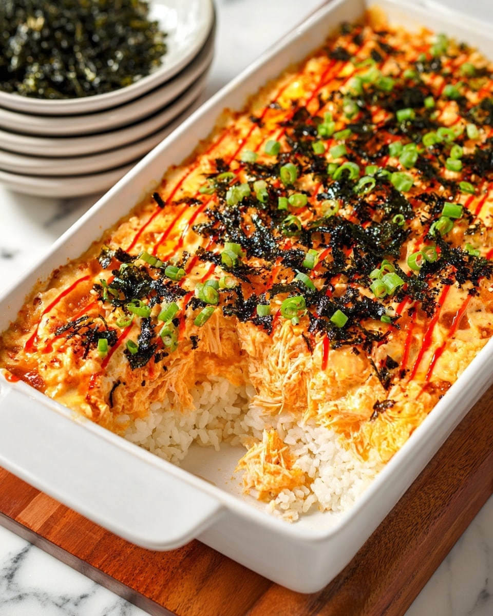 The dish is presented in a white rectangular baking dish with a visible handle, placed on a wooden board over a white marbled surface. It has two main layers visible: a bottom layer of white rice and a thick top layer of a creamy, orange-colored mixture with shredded texture, likely containing crab or seafood. The orange layer is topped with dark seaweed flakes and green chopped scallions, adding contrast and texture. There are also thin, slightly toasted red sauce lines drizzled over the orange layer, giving it a striped pattern. A section of the top layer is scooped out, revealing the white rice below. In the background is a stack of white bowls containing dark green seaweed sheets. photo taken with an iphone --ar 4:5 --v 7