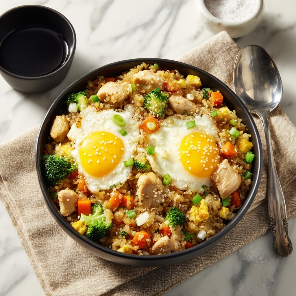 A white bowl filled with three main layers: the bottom layer is fried rice mixed with green peas, diced orange carrots, and yellow corn, creating a colorful base; on top of this, two bright yellow sunny-side-up eggs with slightly crispy white edges are placed side by side, sprinkled with black and white sesame seeds and small chopped green onions; next to the eggs, a layer of glazed golden-brown chicken chunks is arranged, also garnished with white sesame seeds and chopped green onions, all set against a white marbled surface. photo taken with an iphone --ar 4:5 --v 7