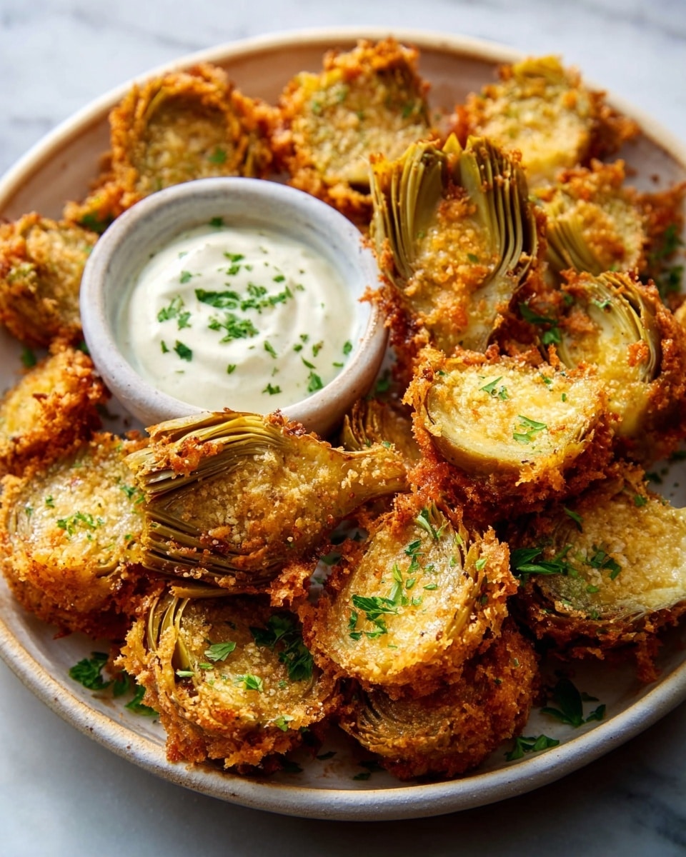 The image shows a round white bowl filled with crispy, golden-brown fried artichoke petals arranged in a loose pile. Each petal has a crunchy textured crust with some green parts of the artichoke visible under the coating. On the side of the bowl, there is a small white sauce cup filled with a creamy white dip topped with a few green herb leaves. The bowl sits on a white marbled surface that highlights the warm colors of the fried petals. photo taken with an iphone --ar 4:5 --v 7
