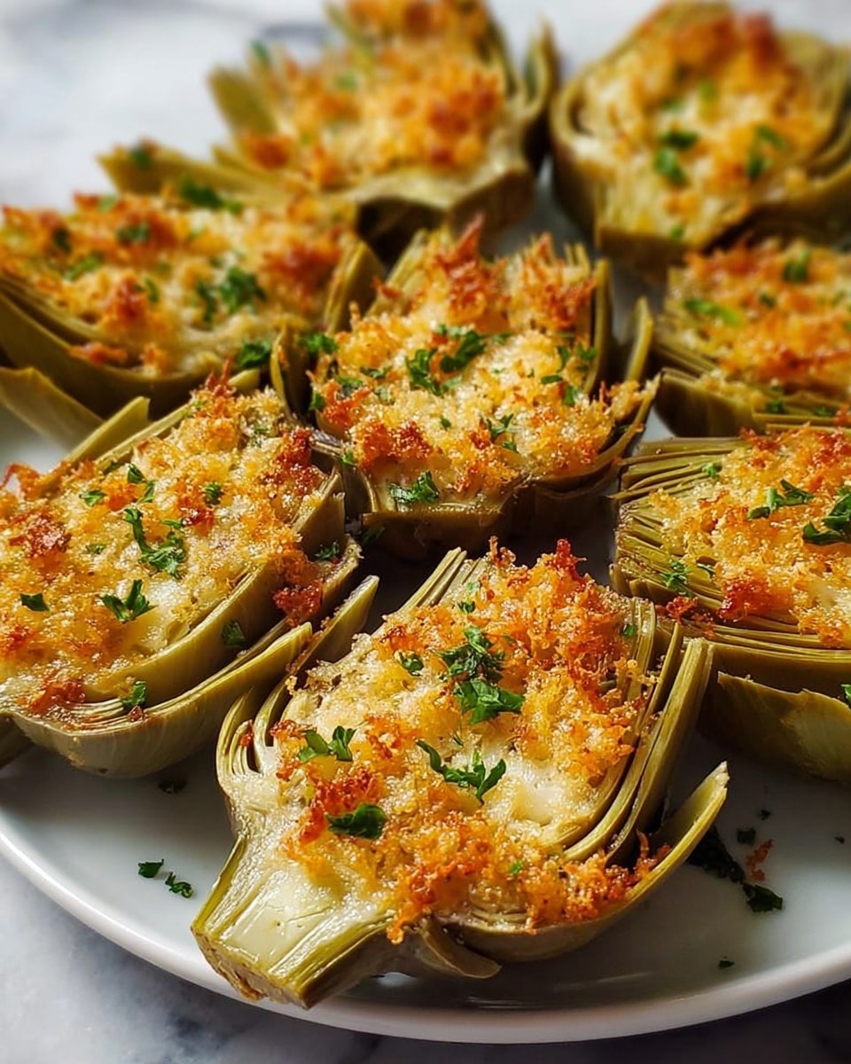 The image shows a close-up of several artichoke halves arranged closely on a white plate. Each half is cooked and topped with a golden-brown crispy layer made of breadcrumbs and melted cheese, creating a crunchy texture on top. The artichoke leaves are soft green with slightly charred edges, and bits of fresh green parsley leaves are sprinkled over the dish for color contrast. The white plate sits on a white marbled surface, highlighting the warm tones of the food. photo taken with an iphone --ar 4:5 --v 7
