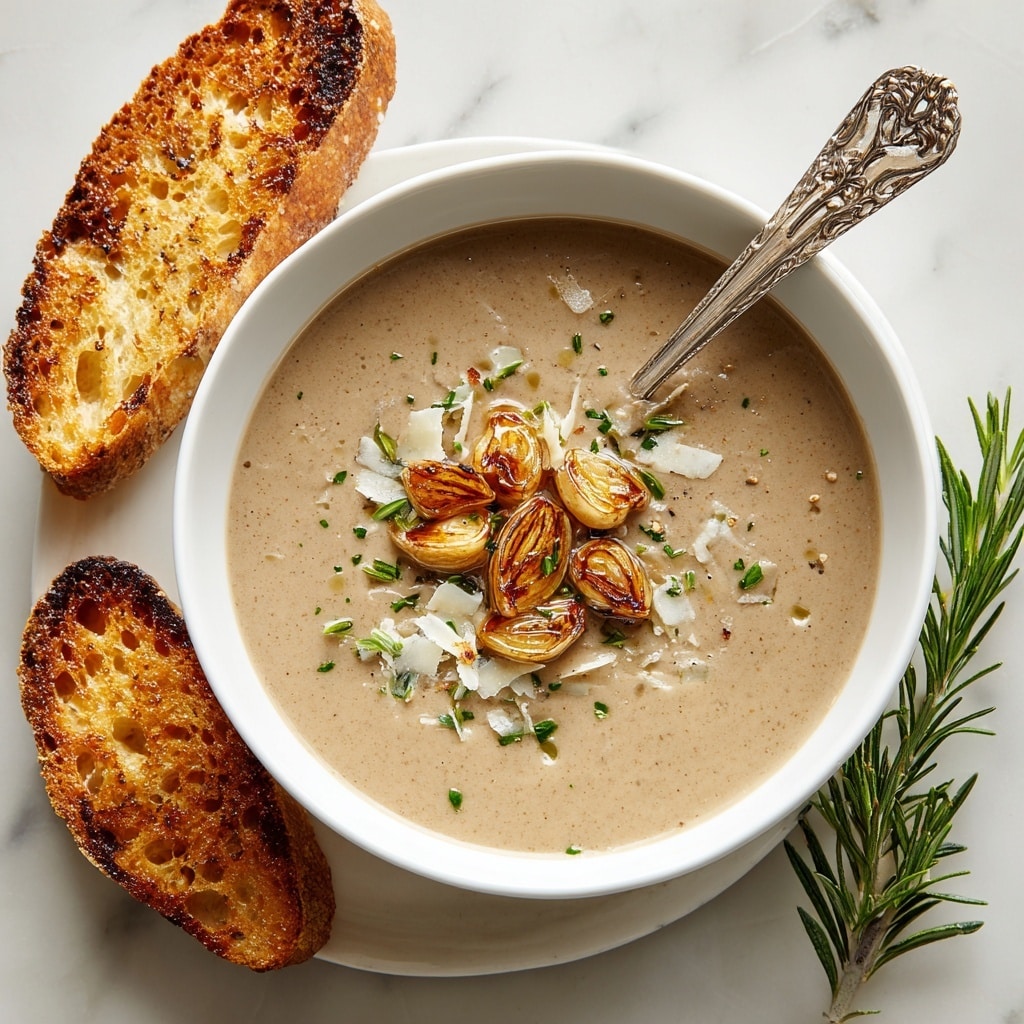 A white bowl filled with creamy light beige soup that has a smooth texture with tiny bits visible. In the center, a small charred garlic head sits on top, with specks of green herbs and powdered seasoning scattered around. A detailed silver spoon rests inside the bowl on the left side. Behind the bowl, two pieces of golden toasted bread with crispy, charred edges are placed on a white marbled surface with sprigs of fresh green rosemary nearby. Photo taken with an iphone --ar 4:5 --v 7