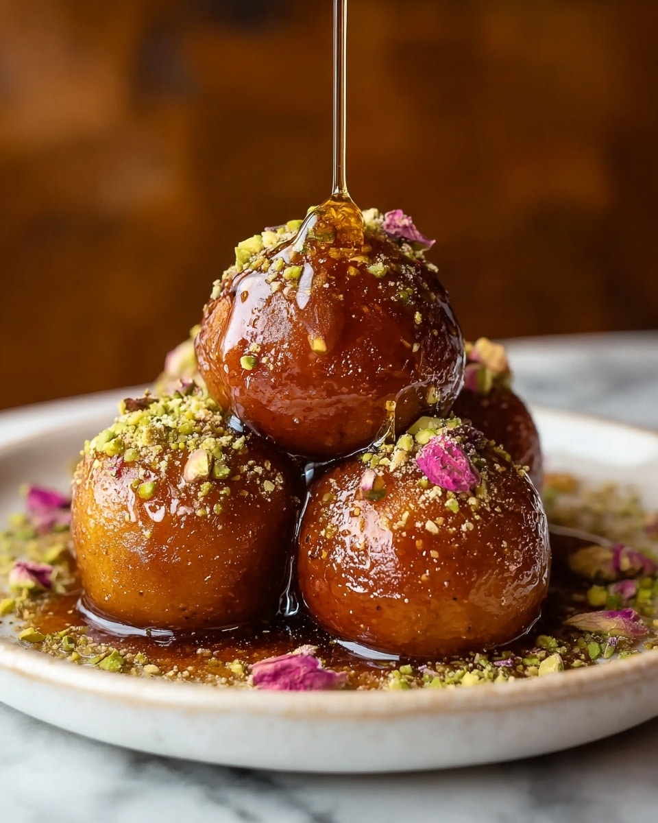 The image shows four round, glossy brown balls stacked together on a white plate with a white marbled texture underneath. The balls have a shiny, syrupy glaze that makes them look wet and sticky. Green crushed pistachios are sprinkled generously on top of each ball, adding a rough texture and bright color contrast. A thick golden syrup is being poured over the top ball, flowing down and covering all the balls, creating more shine and richness. The background is softly blurred with warm tones, emphasizing the dessert's vibrant details. photo taken with an iphone --ar 4:5 --v 7