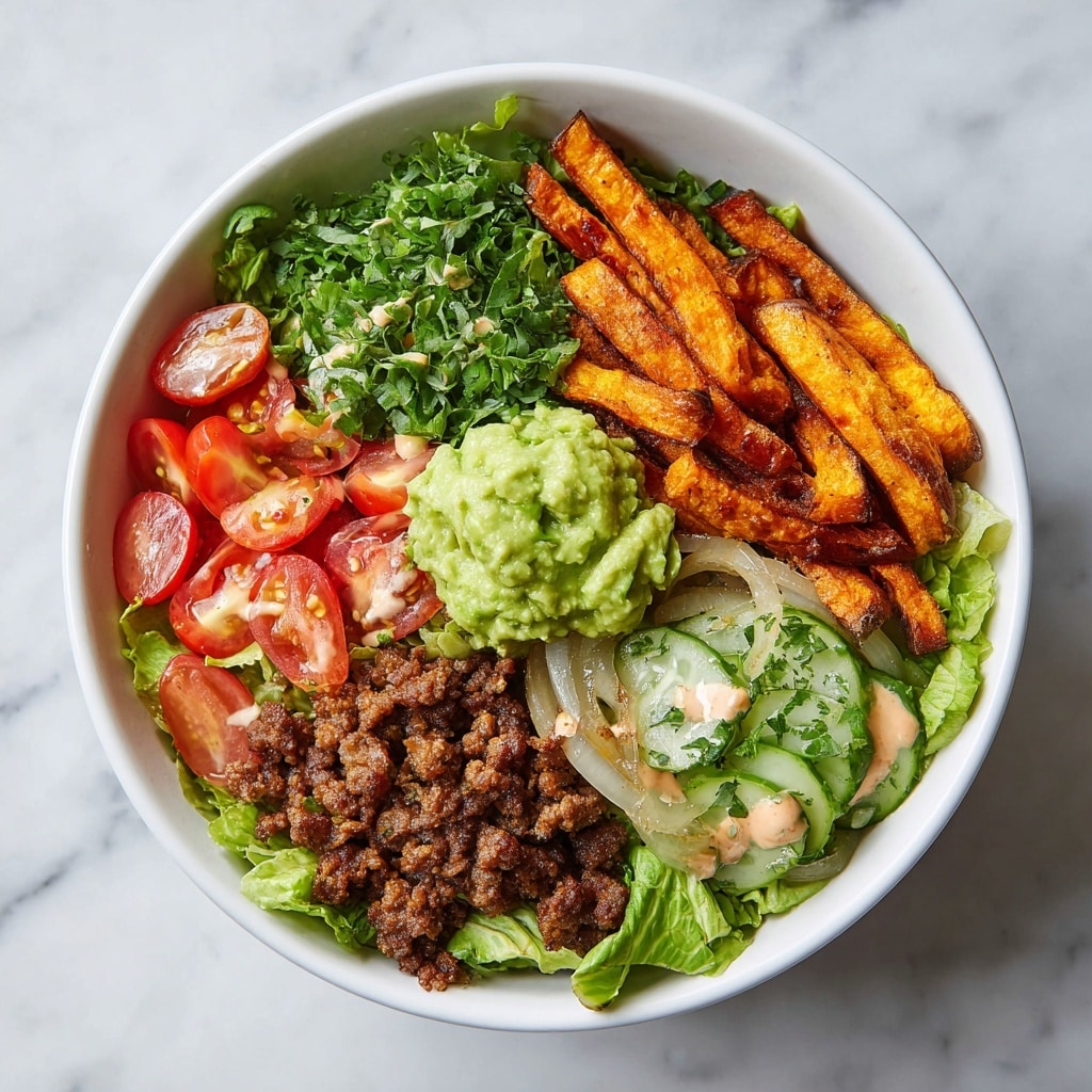 The image shows six bowls and a plate of ingredients neatly arranged on a white marbled surface. In the center, there is one white bowl filled with cooked ground beef mixed with small pieces of onion, with a metal spoon resting inside. Below it, a white bowl is full of fresh green chopped lettuce with a crisp texture. To the right of the lettuce, a smaller white bowl contains shredded cheddar cheese in bright orange color. Toward the top right, a white plate holds golden-brown cooked sweet potato fries with a slightly crispy texture. On the top left, a white bowl is filled with diced red tomatoes, their juicy texture visible. Below the tomatoes, a white bowl holds several round, green pickle slices. Near the bottom left corner, a white bowl contains creamy light brown sauce with a small whisk inside. The overall arrangement is clean, colorful, and fresh. photo taken with an iphone --ar 4:5 --v 7