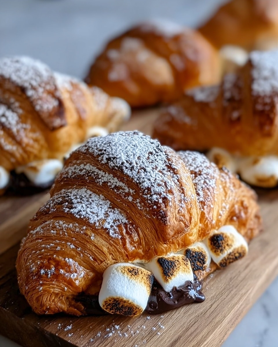 A golden brown croissant with a flaky, layered texture sits on a wooden board against a white marbled background. It is filled with melted dark chocolate and topped with toasted marshmallows that have a slightly blackened, crisp surface. The croissant's top is dusted lightly with powdered sugar, giving it a soft white contrast against the shiny, caramelized crust. More similarly golden croissants blurred in the background complete the scene. photo taken with an iphone --ar 4:5 --v 7