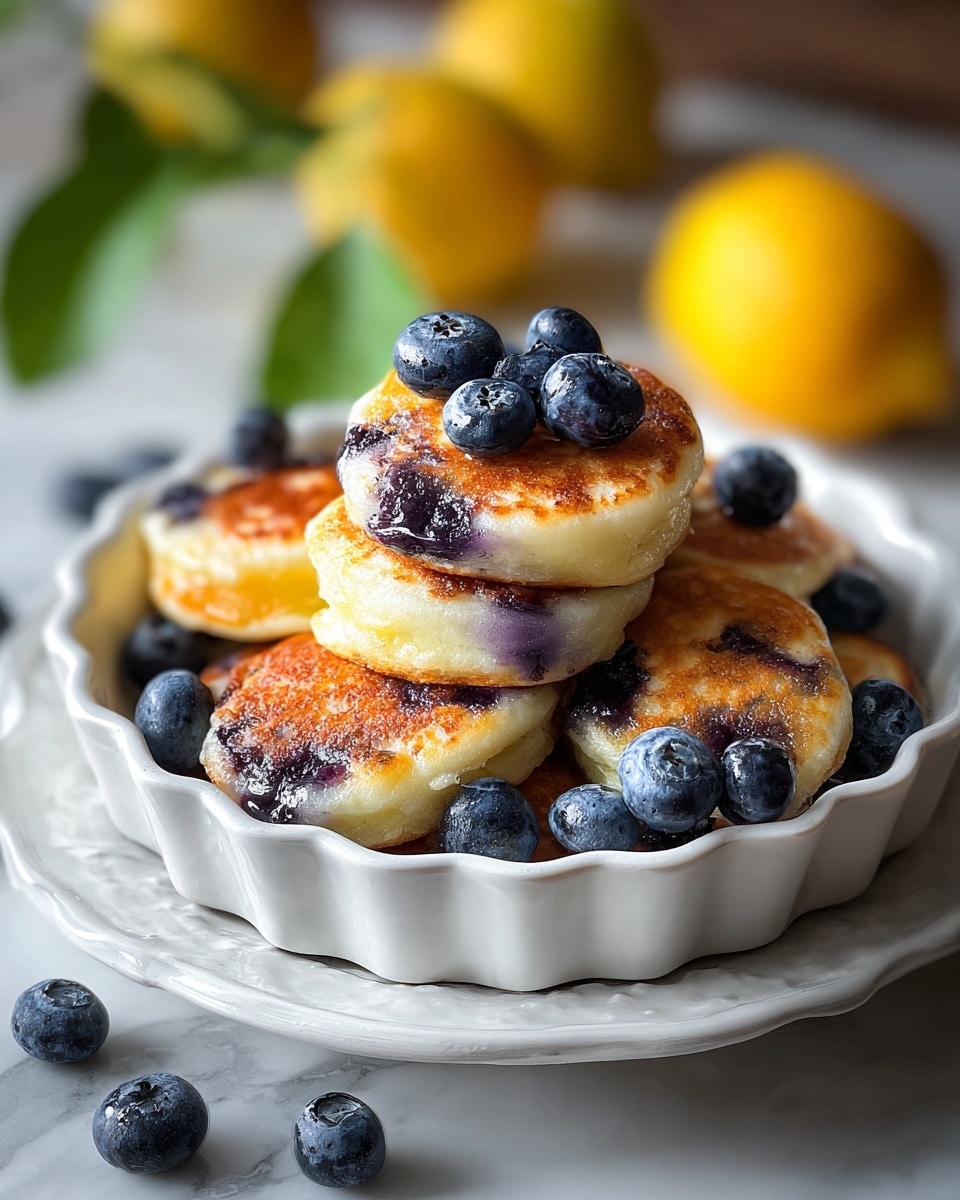 A stack of small, round, golden-brown mini pancakes is piled in a pyramid shape on a white plate with ridged texture. The pancakes have a soft and fluffy look with slightly crisp edges. Fresh blueberries are scattered around and between the pancakes, adding deep blue pops of color. At the top of the stack, white creamy sauce is being poured slowly, creating a thick drip down the side of the top pancake. In the background, there are two whole bright yellow lemons and one lemon cut in half, placed on a white marbled surface partly covered with a blue and white patterned cloth. photo taken with an iphone --ar 4:5 --v 7