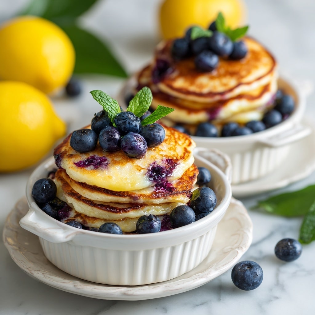 A white scalloped bowl filled with a stack of small round blueberry pancakes, each pancake showing a golden brown top and slightly purple edges where the blueberries burst inside. Fresh, plump blueberries are scattered around the stack and placed on top, adding a deep blue contrast to the warm colors of the pancakes. The bowl sits on a white plate, both on a white marbled surface, with blurred yellow lemons and green leaves in the soft background. photo taken with an iphone --ar 4:5 --v 7