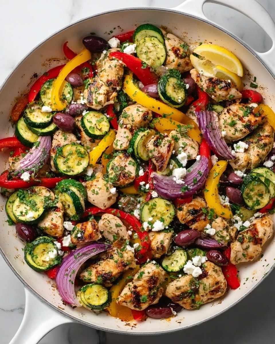 A shallow white round plate is filled with a colorful mix of cooked chicken and vegetables, arranged in a loose pile. The dish has three main layers: the bottom layer is lightly charred onion slices that are pale golden and translucent; scattered on top are bright red cherry tomatoes, vivid red and yellow bell pepper strips with a soft texture, and chunks of green zucchini with a slightly grilled look. The top layer consists of small, golden-brown grilled chicken pieces sprinkled with finely chopped green herbs. The plate sits on a white marbled surface with a blurred pan of the same food in the background. photo taken with an iphone --ar 4:5 --v 7