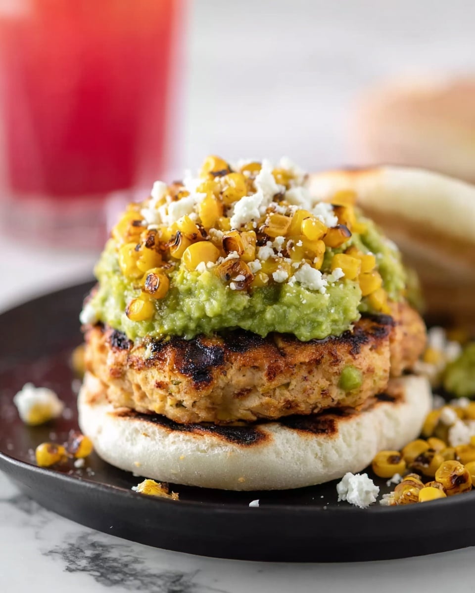 The image shows four golden-brown patties with a slightly crispy outside texture, each topped with a chunky mix of bright green avocado pieces, yellow corn kernels, and some small herb bits. The patties are placed directly on a wooden surface with scattered corn kernels and fresh green herbs around them. To the left, there is a wedge of bright yellow lemon, and in the middle near the patties, a small green lime wedge is visible. The photo has a fresh and vibrant feel with the focus on the front patty topped with the colorful avocado and corn mix. photo taken with an iphone --ar 4:5 --v 7