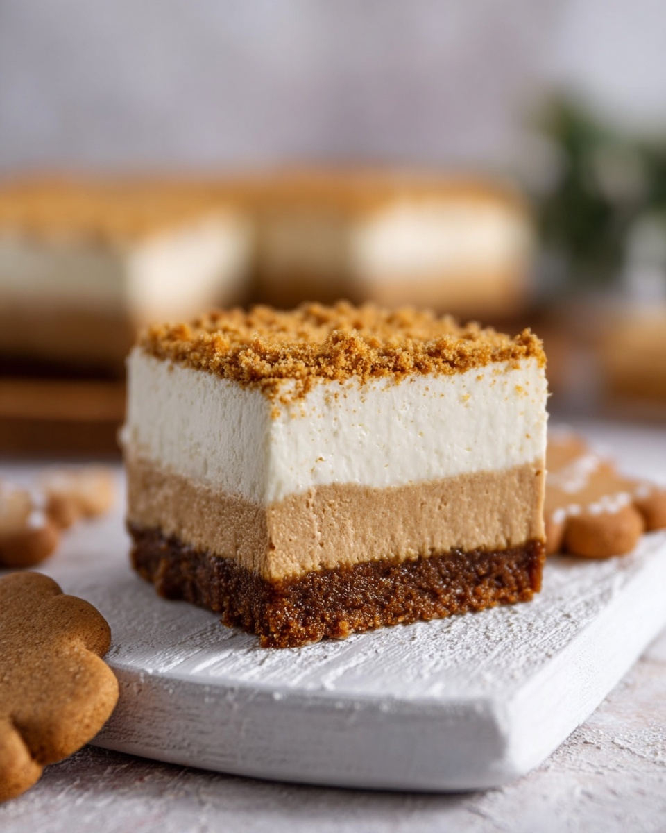 The image shows twelve rectangular cake pieces arranged on white parchment paper over a white marbled surface. Each piece has three layers: a light brown crumbly bottom, a middle white creamy layer, and a golden crumbly top. Several pieces are decorated with a small gingerbread man cookie resting on top. Two pieces have bites taken from the corners, and one piece is on a fork, held by a woman's hand, showing all three layers in detail. Pine tree branches are partially visible in the top left and bottom right corners, adding a festive touch. Photo taken with an iphone --ar 4:5 --v 7