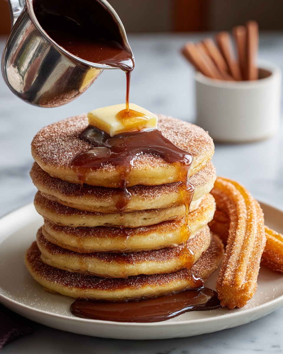 A tall stack of seven golden-brown pancakes with a light dusting of cinnamon sugar covering the top layer and edges sits centered on a white plate, with two fresh red strawberries placed on the right and left sides of the stack. To the left of the plate, a silver fork rests partly on the plate and partly on the white marbled surface underneath. In the background, there is another white plate with two more cinnamon sugar-coated pancakes slightly out of focus, along with a small white ramekin filled with maple syrup to the left. The whole scene is set on a white marbled table background with soft natural light. Photo taken with an iphone --ar 4:5 --v 7