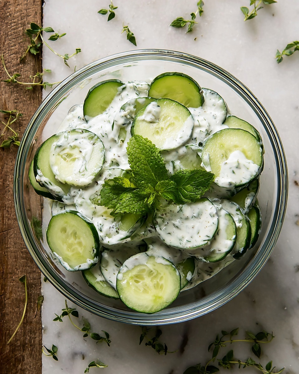 A clear glass bowl holds a simple dish with two main layers. The bottom layer shows fresh green cucumber slices with dark edges and pale centers, arranged evenly around the bowl. On top, a thick white sauce with visible herb specks covers parts of the cucumber slices, adding a creamy and textured look. Fresh green herb leaves sit in the middle as a garnish, enhancing the fresh, natural feel of the dish. The bowl is set on a white marbled surface with small scattered green herbs around it. Photo taken with an iphone --ar 4:5 --v 7