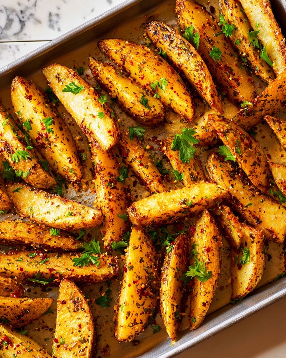 A round dark plate lined with crumpled white paper holds a heap of golden brown potato wedges sprinkled with grated parmesan and chopped green herbs, showing a crispy and slightly rough texture. Among the wedges are two small round metal cups, one filled with smooth, bright red ketchup and the other with creamy white ranch dip. One wedge sits balanced on the lid of the ranch cup, partially dipped in it. The plate is set on a white marbled surface with a black and white striped cloth visible to the right. Photo taken with an iphone --ar 4:5 --v 7