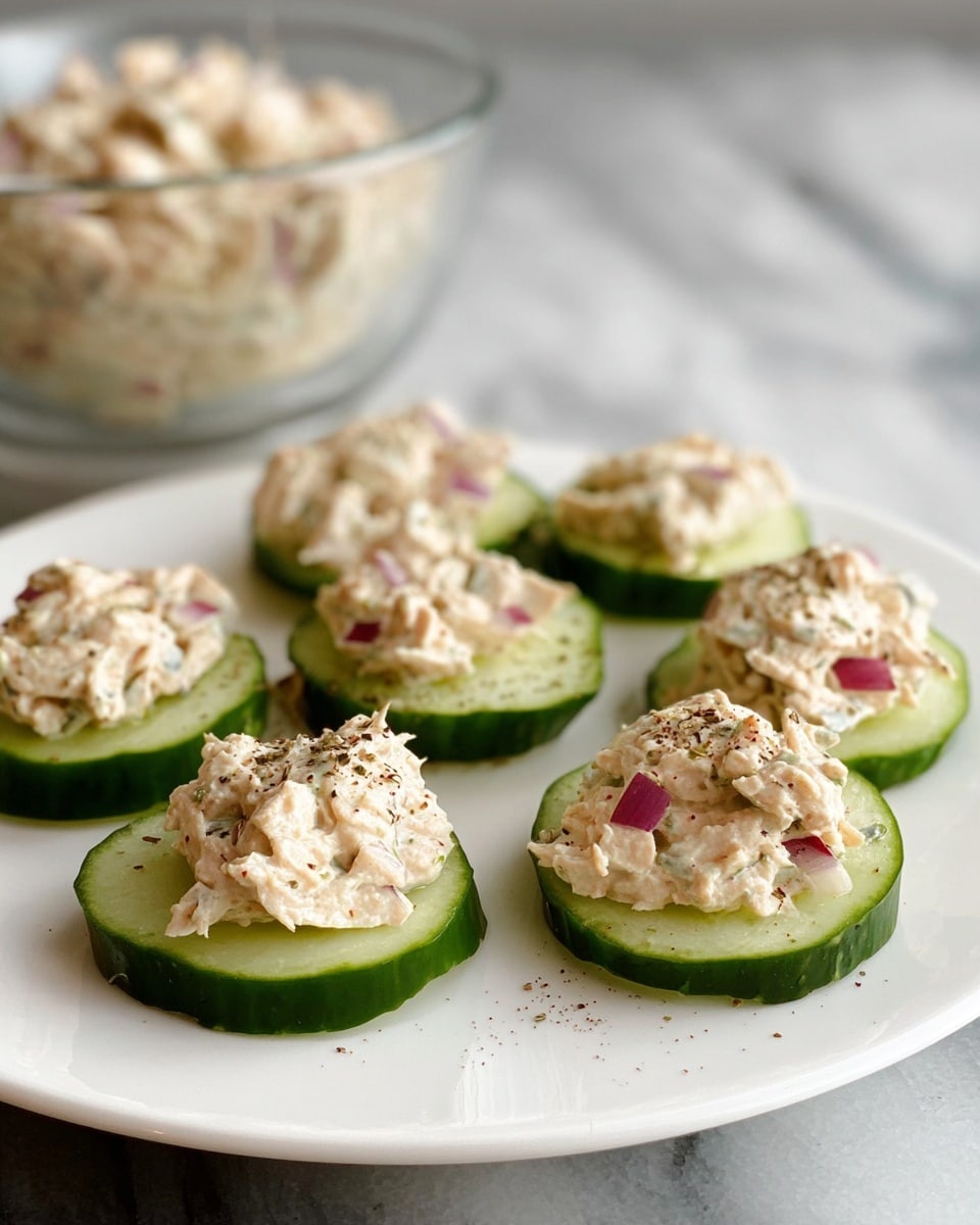 The image shows a white round plate on a white marbled surface holding six cucumber slices topped with a creamy tuna salad mixed with small pieces of red onion. Each cucumber slice is dark green on the outer edge, light green inside, and sliced evenly. The tuna salad on top is pale beige with visible bits of red onion and some black pepper sprinkled on the salad. To the left side of the plate, there is a clear glass bowl filled with more of the tuna salad. The background is softly blurred to keep focus on the plate. photo taken with an iphone --ar 4:5 --v 7