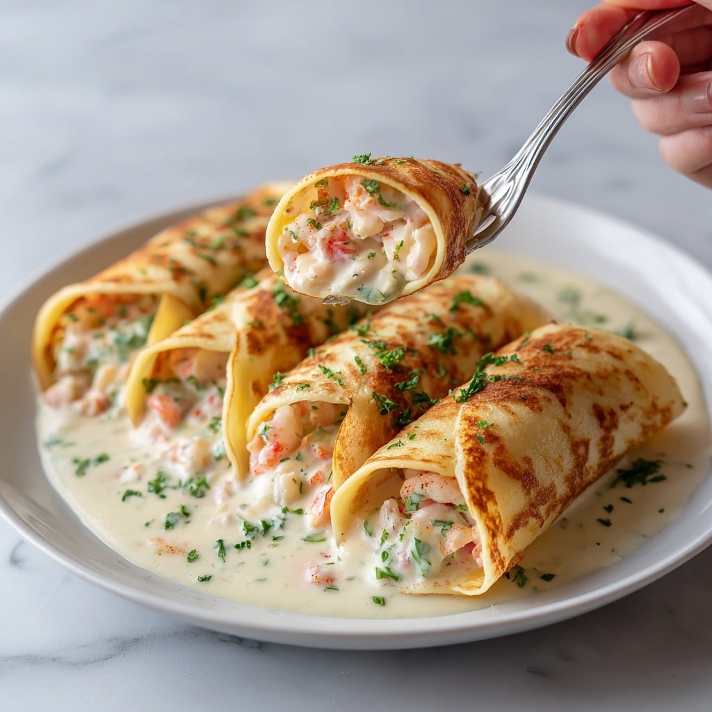 The image shows several rolled crepes filled with a creamy shrimp mixture, placed on a white plate. The crepes are golden brown with a slightly crispy texture on the outside, and the inside filling is creamy with small pink shrimp pieces and green herbs. The crepes are covered with a light, creamy white sauce that pools around them, garnished with small green herb leaves. A woman's hand holds a fork that lifts a piece of the crepe, showing the filling clearly. The background is a white marbled surface. photo taken with an iphone --ar 4:5 --v 7
